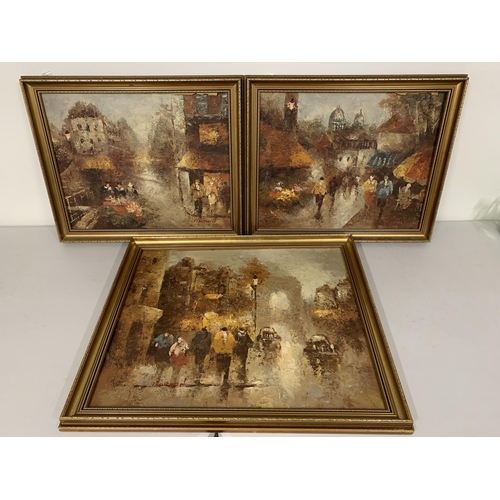 349 - Three framed oil on boards of street scenes, all signed Barton (possibly Edward Barton, American art... 