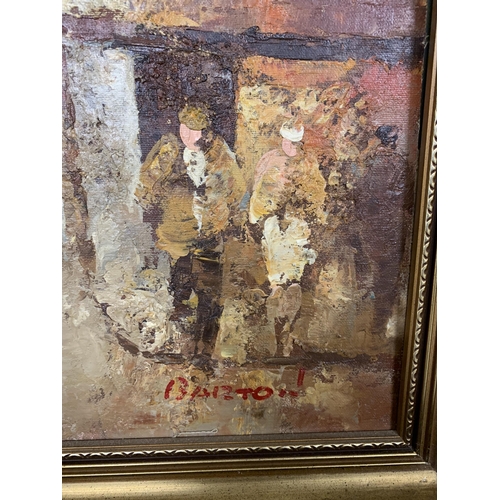 349 - Three framed oil on boards of street scenes, all signed Barton (possibly Edward Barton, American art... 