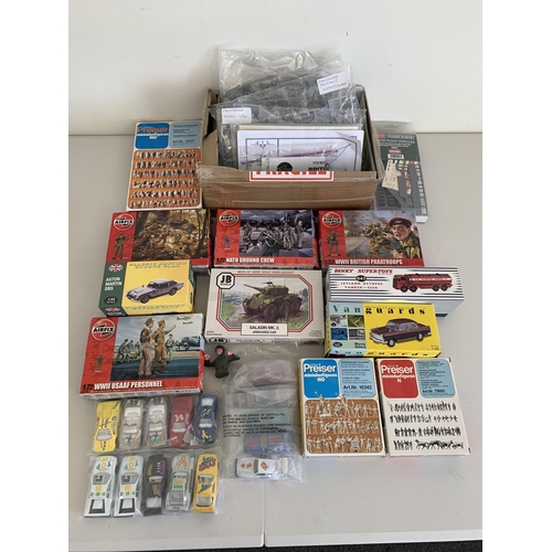 7 - A box of mixed small models, cars, accessories etc including bagged Falklands War aeroplane models (... 