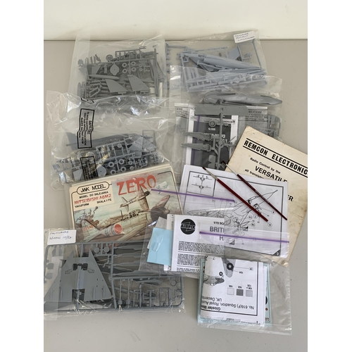 7 - A box of mixed small models, cars, accessories etc including bagged Falklands War aeroplane models (... 