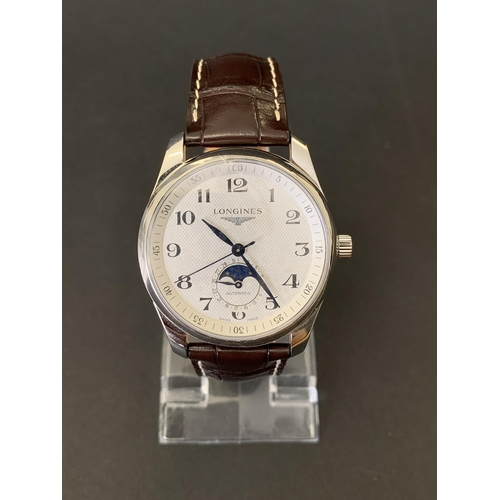 90 - A boxed Longines Master Collection Moon Phase automatic mens wristwatch on brown leather strap, No.L... 