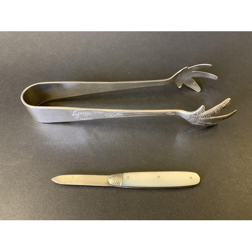 91 - A small hallmarked silver blade fruit knife plus a pair of plated ice tongs