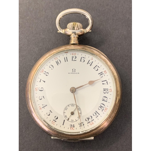 94 - A vintage and unusual Omega 800 grade silver pocket watch with 24 hour enamel dial with second hand ... 