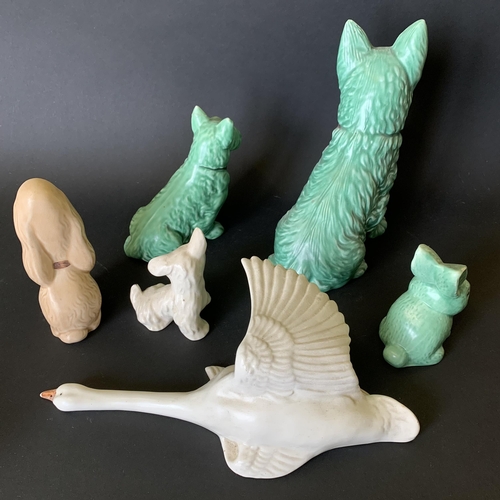 11 - Three Sylvac dogs (chips on ears) together with a rabbit, Beswick dog and a Bretby swan