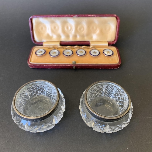 117 - A pair of hallmarked silver rim and cut glass salts plus a boxed set of vintage enamelled waistcoat ... 