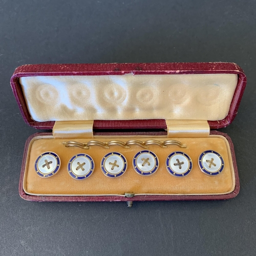 117 - A pair of hallmarked silver rim and cut glass salts plus a boxed set of vintage enamelled waistcoat ... 