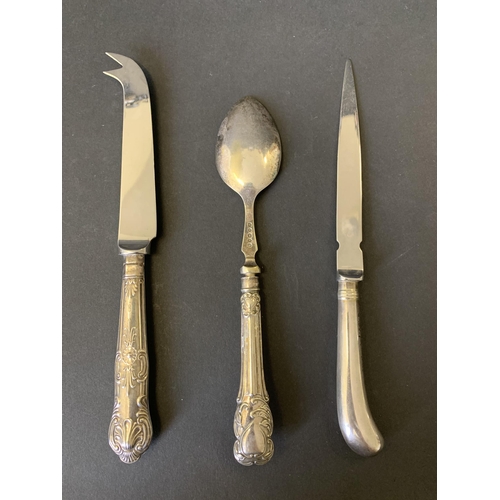 119 - A 925 sterling handle letter opener, a hallmarked silver handle cheese knife and a white metal handl... 
