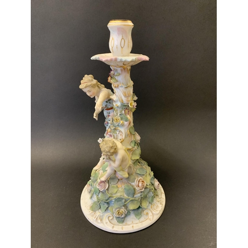 205 - A 19th Century Sitzendorf porcelain figural lamp base, flower encrusted, approx. 12