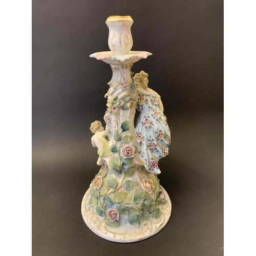 205 - A 19th Century Sitzendorf porcelain figural lamp base, flower encrusted, approx. 12