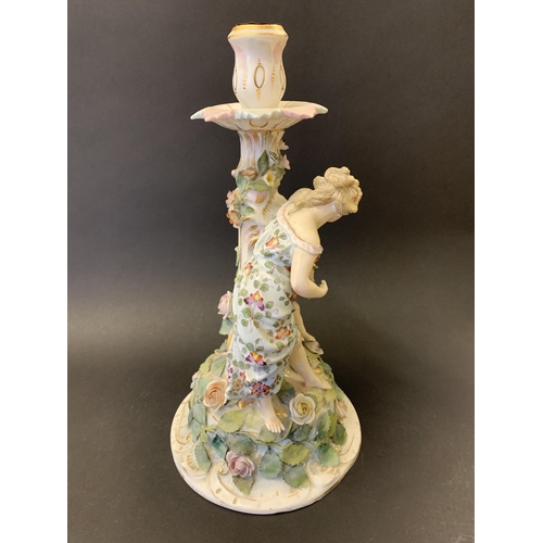 205 - A 19th Century Sitzendorf porcelain figural lamp base, flower encrusted, approx. 12