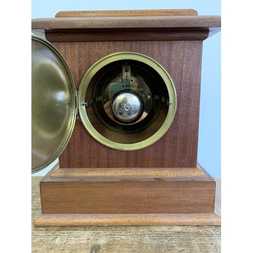 26 - A wooden cased chiming mantel clock with pendulum, key wind, approx. 13