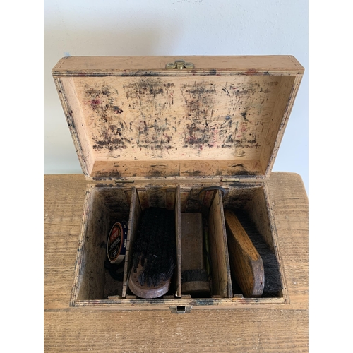 43 - A vintage wooden shoe cleaning box plus a small wood chiming mantel clock