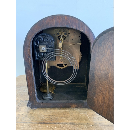 43 - A vintage wooden shoe cleaning box plus a small wood chiming mantel clock