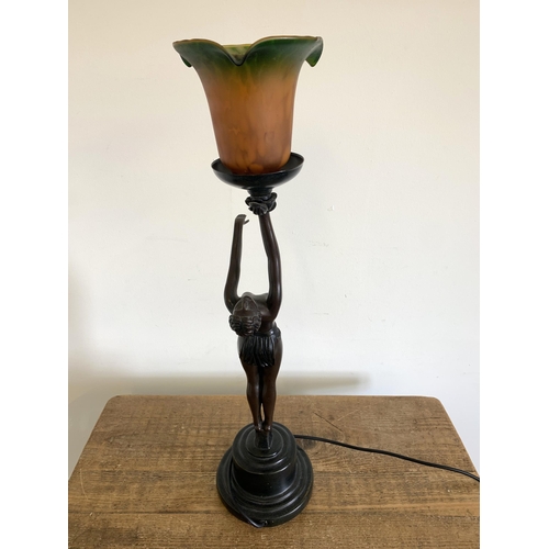 57 - A vintage resin Art Deco style semi clad lady table lamp with glass shade, approx. 25