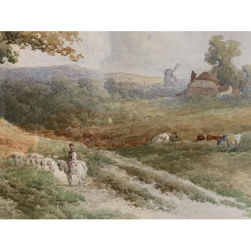 419 - Stephen J Bowers exhibited 1874-1891, framed and glazed watercolour of a landscape with figure drivi... 