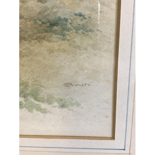 419 - Stephen J Bowers exhibited 1874-1891, framed and glazed watercolour of a landscape with figure drivi... 