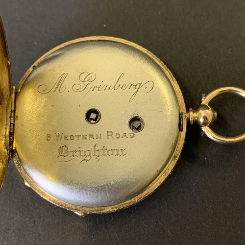 167 - A cased 18k stamped gold Grinberg & Reichman of Brighton pocket watch, engraved M Grinberg, 38mm dia... 