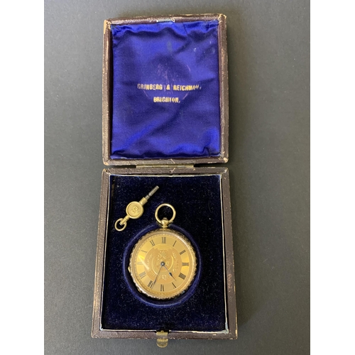 167 - A cased 18k stamped gold Grinberg & Reichman of Brighton pocket watch, engraved M Grinberg, 38mm dia... 