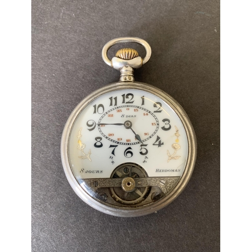 177 - An 800 silver Hebdomas open face 8 day pocket watch, 43mm dia (enamel face with cracks, running at t... 