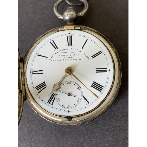 178 - An antique silver Kendal & Dent pocket watch, 52mm dia, comes with two keys, (one hand has been repl... 