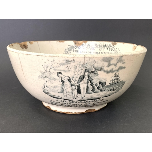 289 - An early to mid 19th Century Sunderland former lustre bowl, transfers include the sailors farewell, ... 