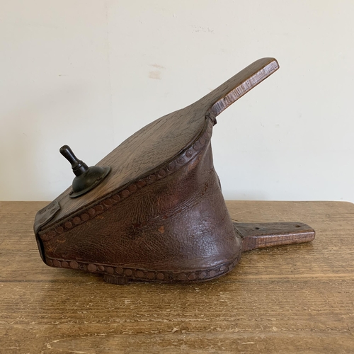 291 - Large antique leather oak bellows, in good order, approx. 13 1/2