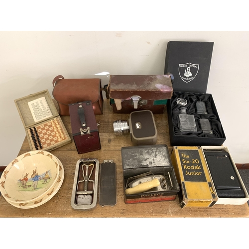 305 - A mixed lot to include a Burns crystal glass set, a Brownie camera, a Coronet 88 8mm cine camera, a ... 