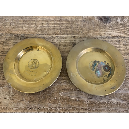 314 - Two WW1 era brass small dishes, 'HMS Vimiera 1917-1918' (one with damage) plus a 1900 Daily Express ... 