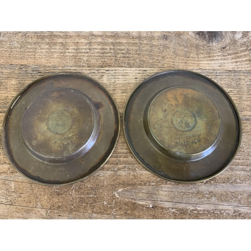 314 - Two WW1 era brass small dishes, 'HMS Vimiera 1917-1918' (one with damage) plus a 1900 Daily Express ... 