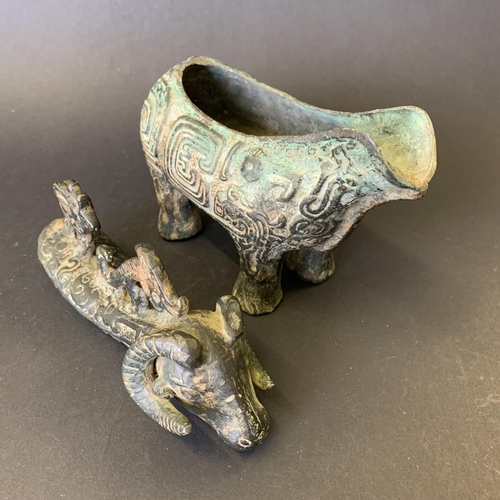 74 - An unusual antique Chinese metal goat, possibly pouring jug, top section lifts off, approx. 7