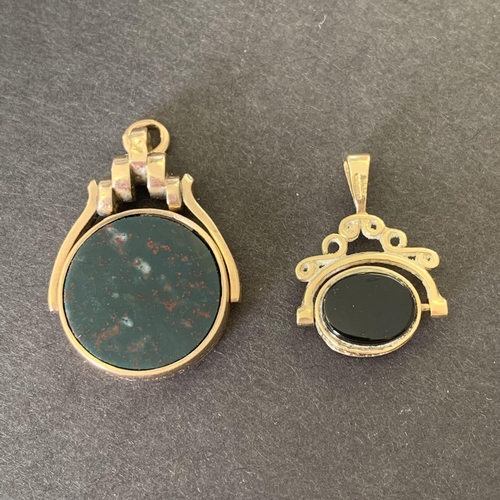 141 - Two 9ct gold and stone set swivel fobs, the largest 30mm long