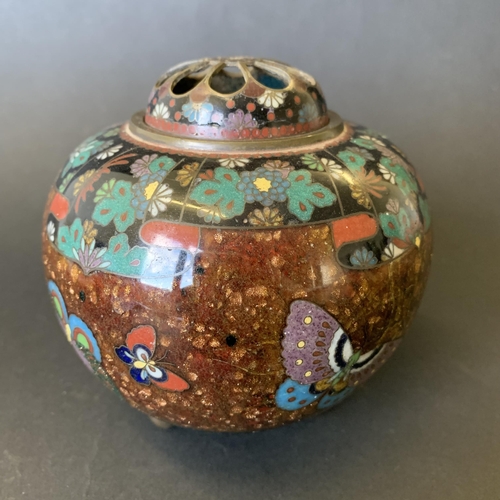 17 - A vintage Oriental cloisonne pot pourri jar decorated with butterflies, approx. 4 1/2