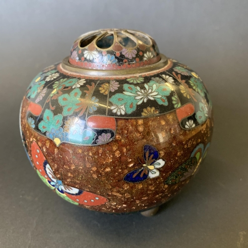 17 - A vintage Oriental cloisonne pot pourri jar decorated with butterflies, approx. 4 1/2