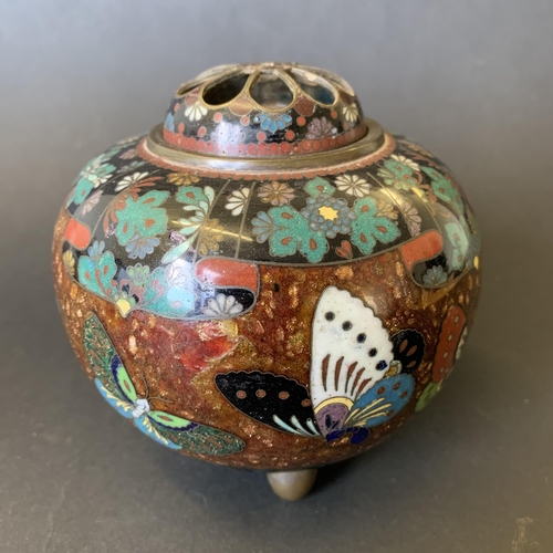 17 - A vintage Oriental cloisonne pot pourri jar decorated with butterflies, approx. 4 1/2