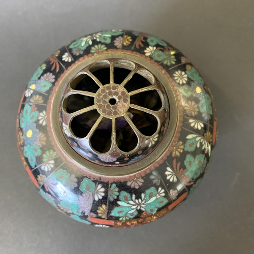 17 - A vintage Oriental cloisonne pot pourri jar decorated with butterflies, approx. 4 1/2