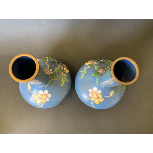 19 - A pair of vintage Oriental cloisonne vases decorated with flowers and birds, approx. 8