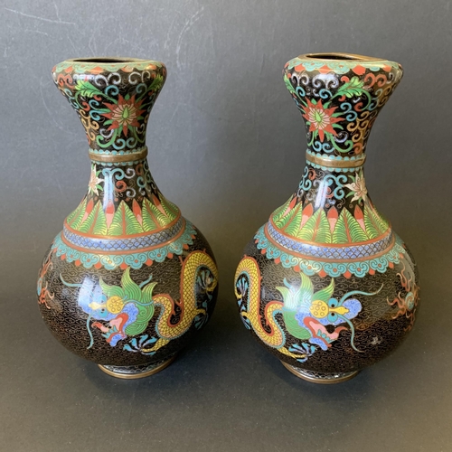 20 - A pair of vintage Oriental cloisonne vases decorated with dragons, approx. 9