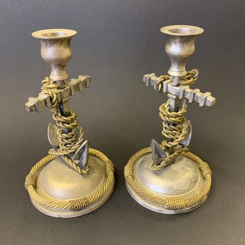 203 - A pair of vintage white metal and gilded section Navy themed anchor candlesticks, just over 7