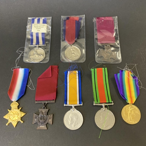 207 - Eight copy medals including two Victoria Crosses, WW1 trio, 1882 Egypt and Waterloo etc