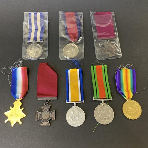 207 - Eight copy medals including two Victoria Crosses, WW1 trio, 1882 Egypt and Waterloo etc