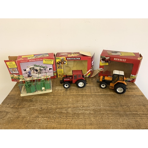 224 - Britains circa 1980's boxed tractors, 9522 Renault and 9518 Renault plus 4710 milking parlour (this ... 