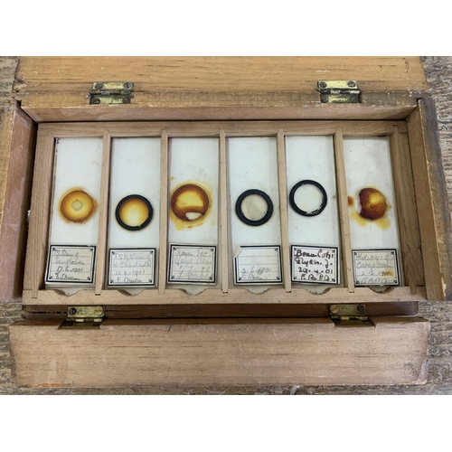 283 - A box of mainly 1901 dated microscope slides, subjects include spider, butterflies, sunflowers plus ... 