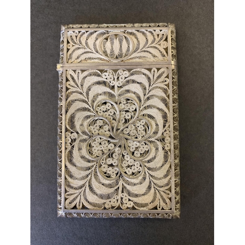 285 - An antique white metal intricate filigree work card case in original box, named Bull Black & Co Broa... 