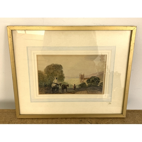 301 - A framed and glazed watercolour of horses and church scene, artist signed lower right but this is ob... 