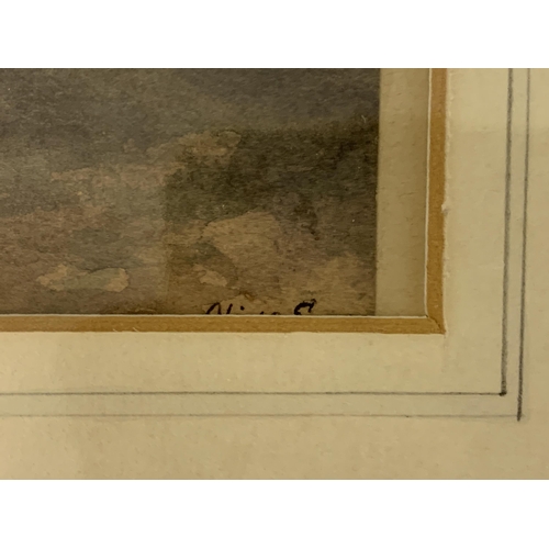 301 - A framed and glazed watercolour of horses and church scene, artist signed lower right but this is ob... 