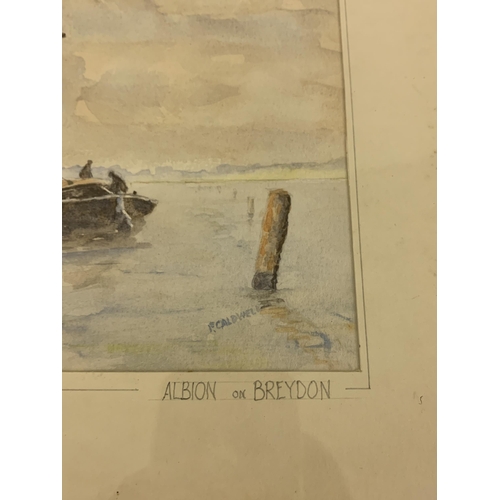 302 - A framed and glazed watercolour 'Albion on Breydon', signed F Caldwell, 6 1/4