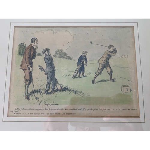 304 - A pair of small framed and glazed golfing cartoon prints, one by 'Baumer', the other 'Reynolds', 6 1... 