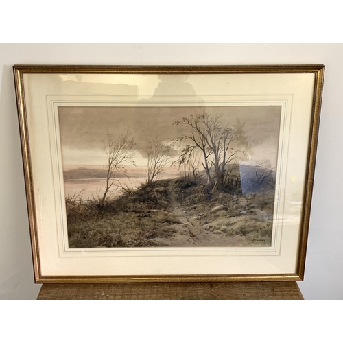 325 - A framed and glazed watercolour of trees with a lake in the background, bears signature possibly 'B ... 