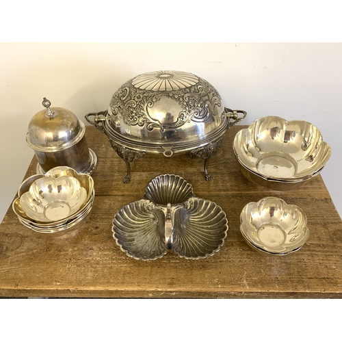 340 - A selection of silver plated items including a dome lid tureen, dishes and bowls etc