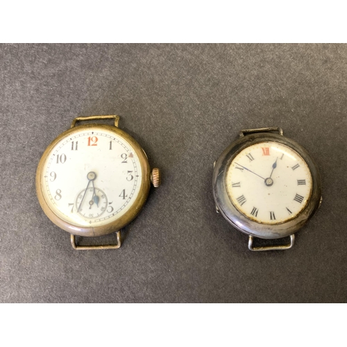 345 - Two trench style vintage watches, one silver pin set (no crown) and the other gold filled, 30mm dia ... 